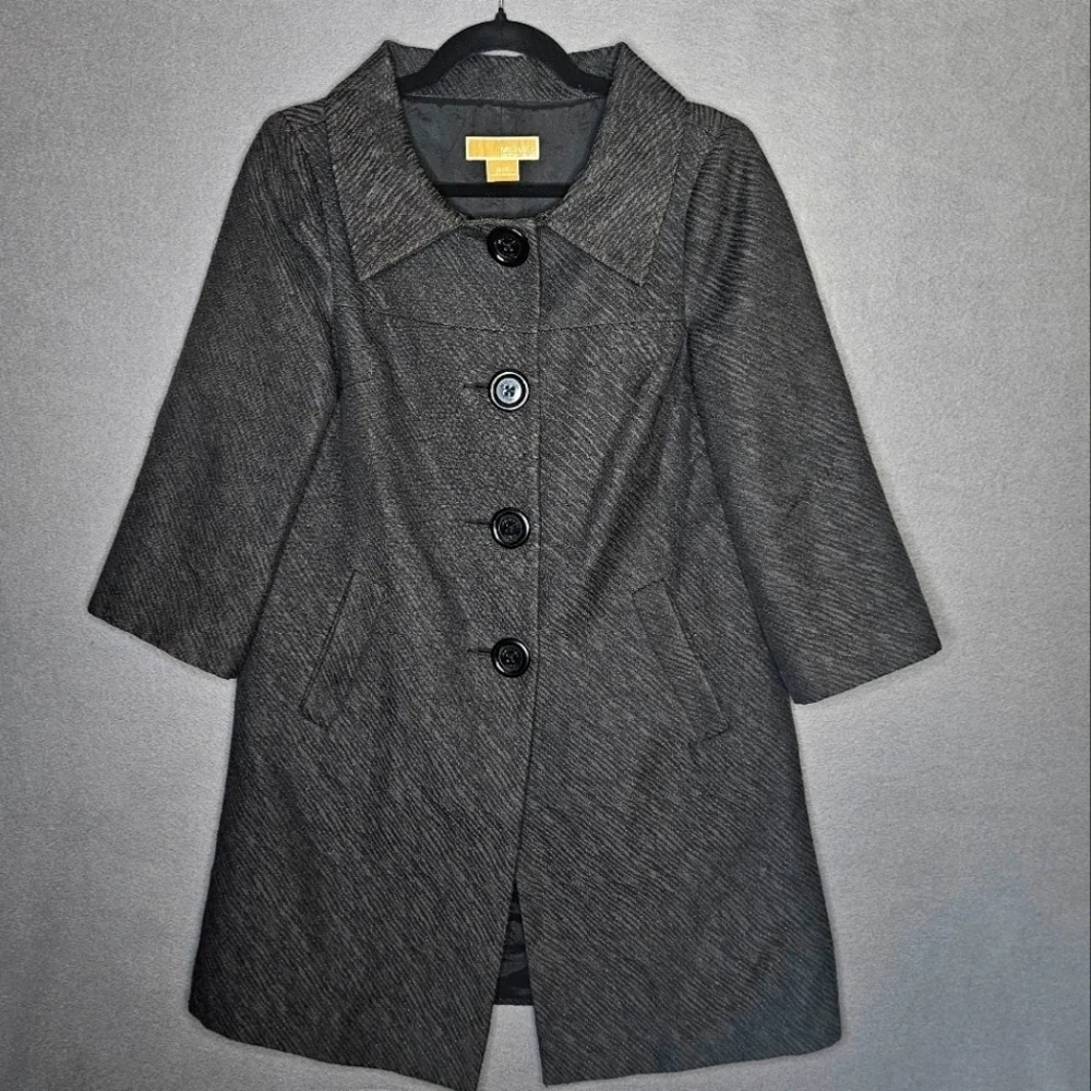 Michael Kors Women's Small 3/4 Sleeve Peacoat Dresscoat Black Vintage Textured